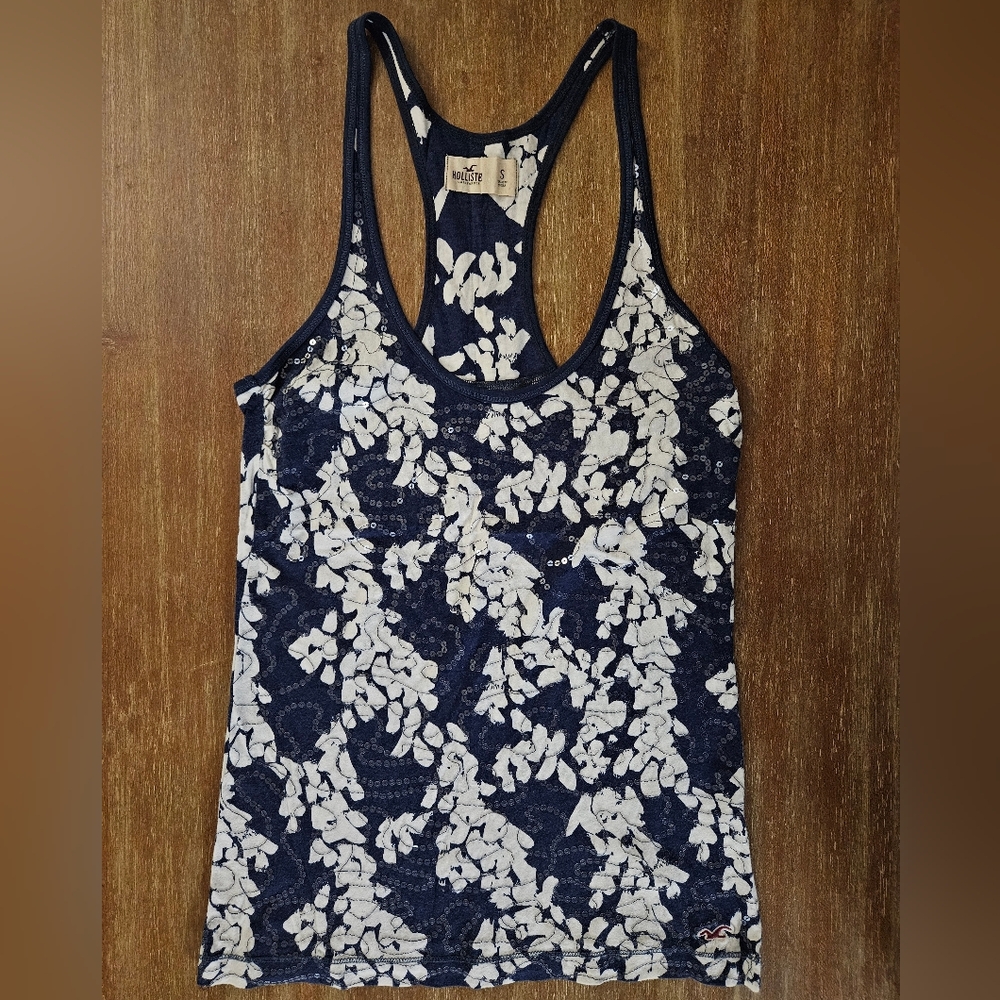 Hollister Navy and White Floral Lace Women's Tank Top Sequin Size Small Flowers